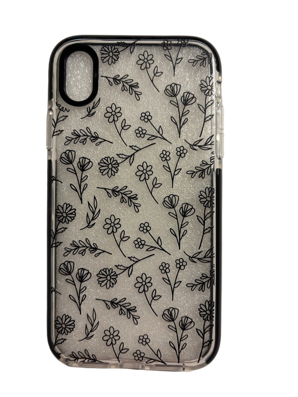 📱For I phone XR  Case clear black floral shockproof phone cover
